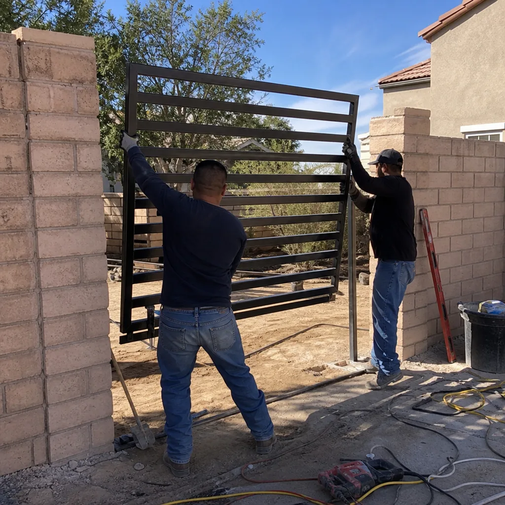 Two contractors installing a custom metal gate between brick pillars.
