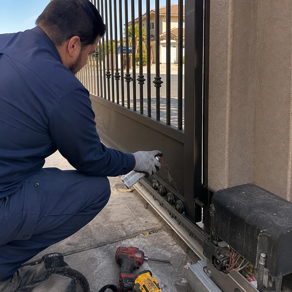 Technician performing professional automatic gate motor repair and maintenance
