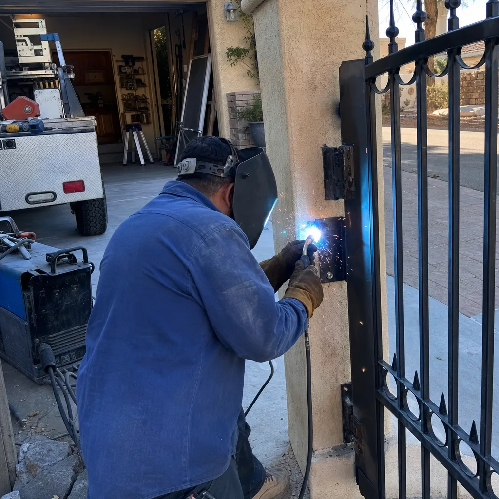 Professional welder performing iron gate repair and metal fabrication services