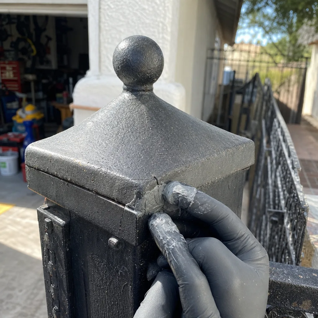 Professional gate repair technician applying epoxy to a cracked metal post cap