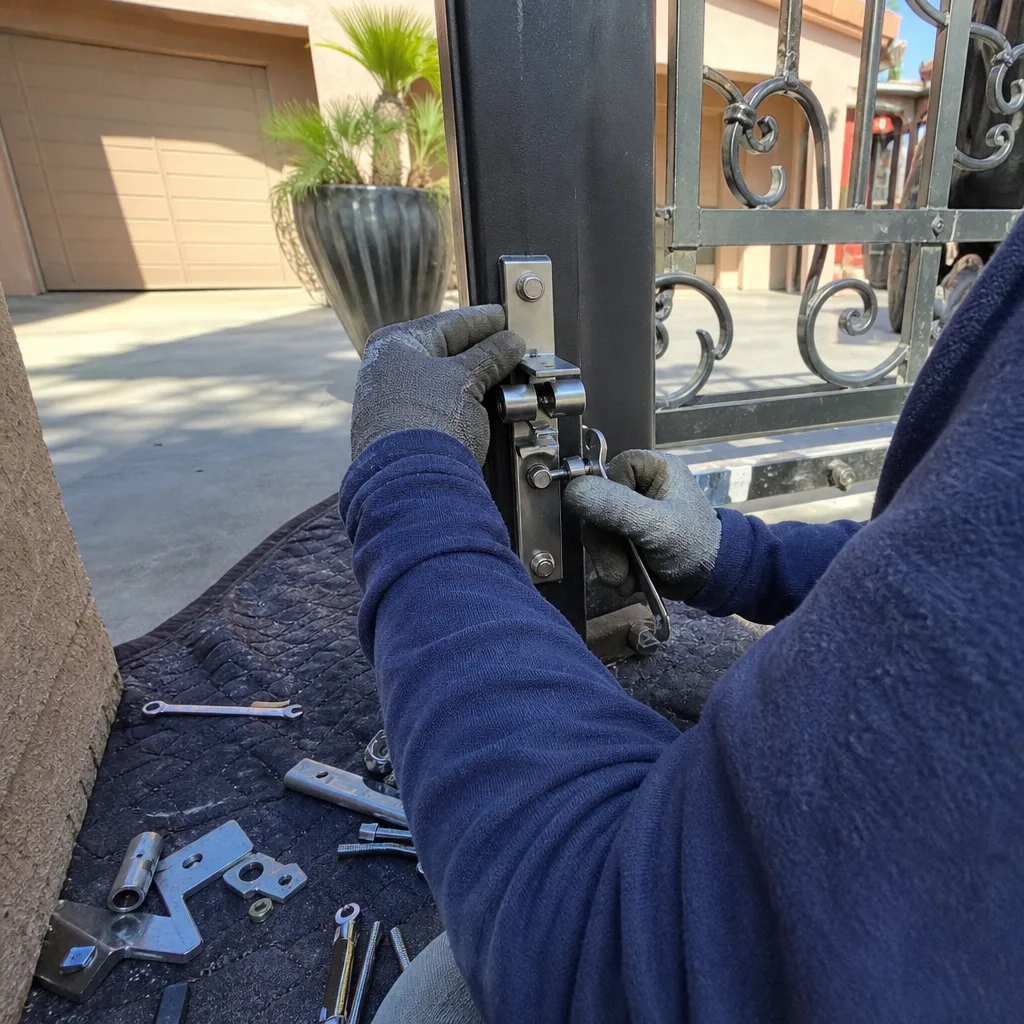 Technician performing metal gate latch installation and repair